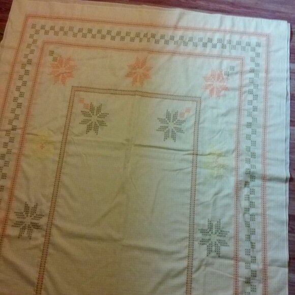 Vintage Embroidered Tablecloth Light Yellow 44" x 94" with Orange Brown Yellow - Picture 1 of 6